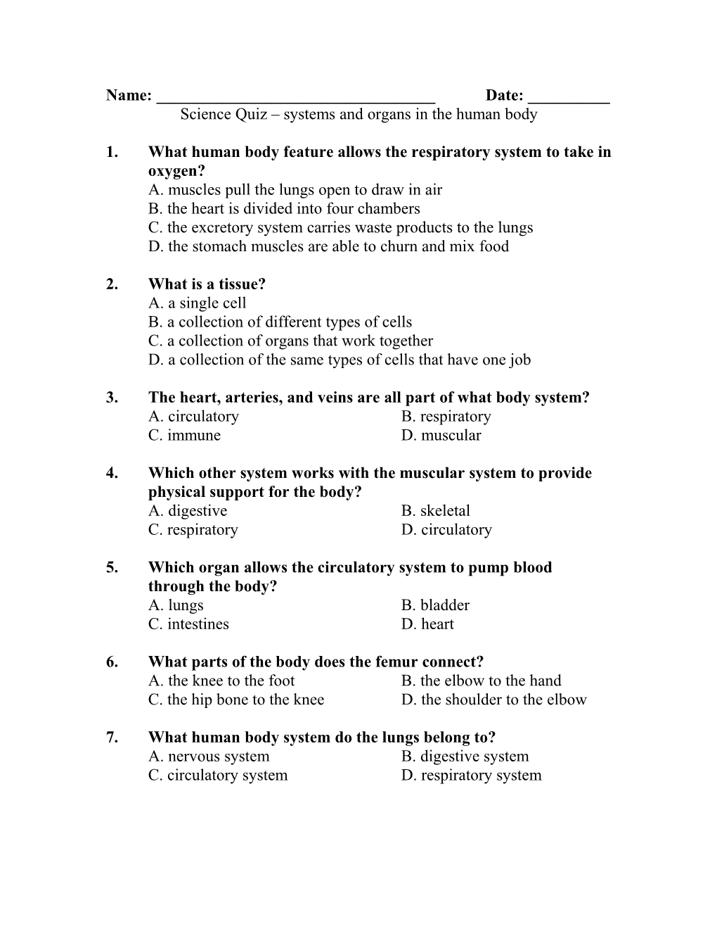 Science Quiz Systems and Organs in the Human Body