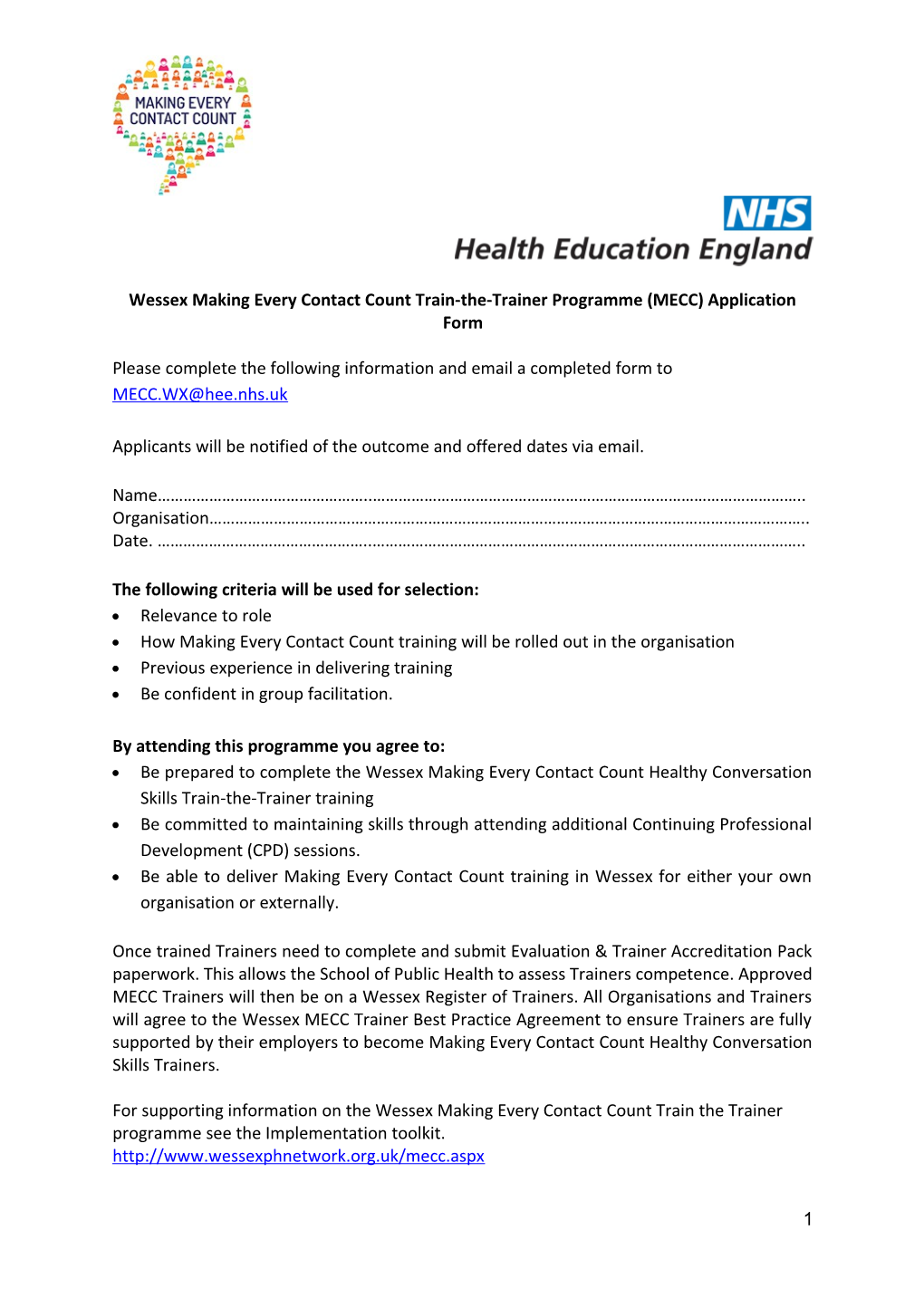 Wessex Making Every Contact Count Train-The-Trainer Programme (MECC) Application Form