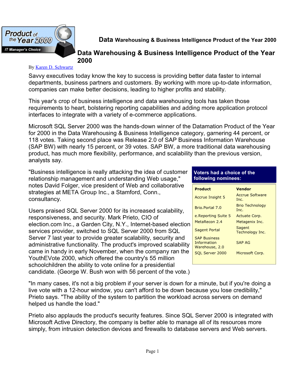 Data Warehousing & Business Intelligence Product of the Year 2000