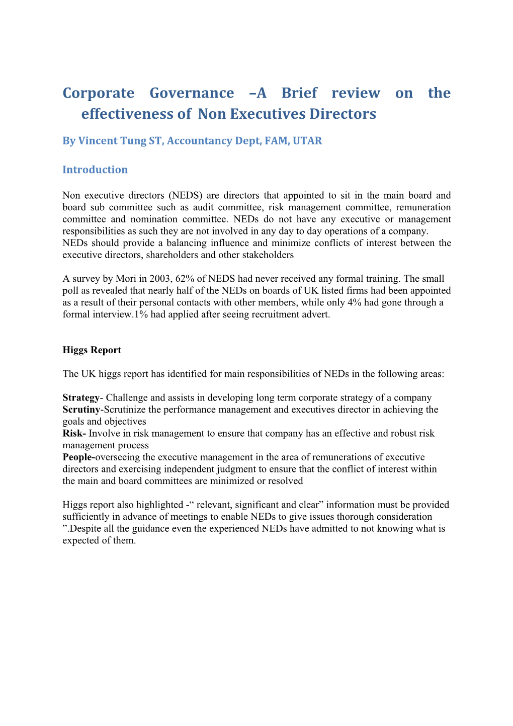 Corporate Governance a Brief Review on the Effectiveness of Non Executives Directors