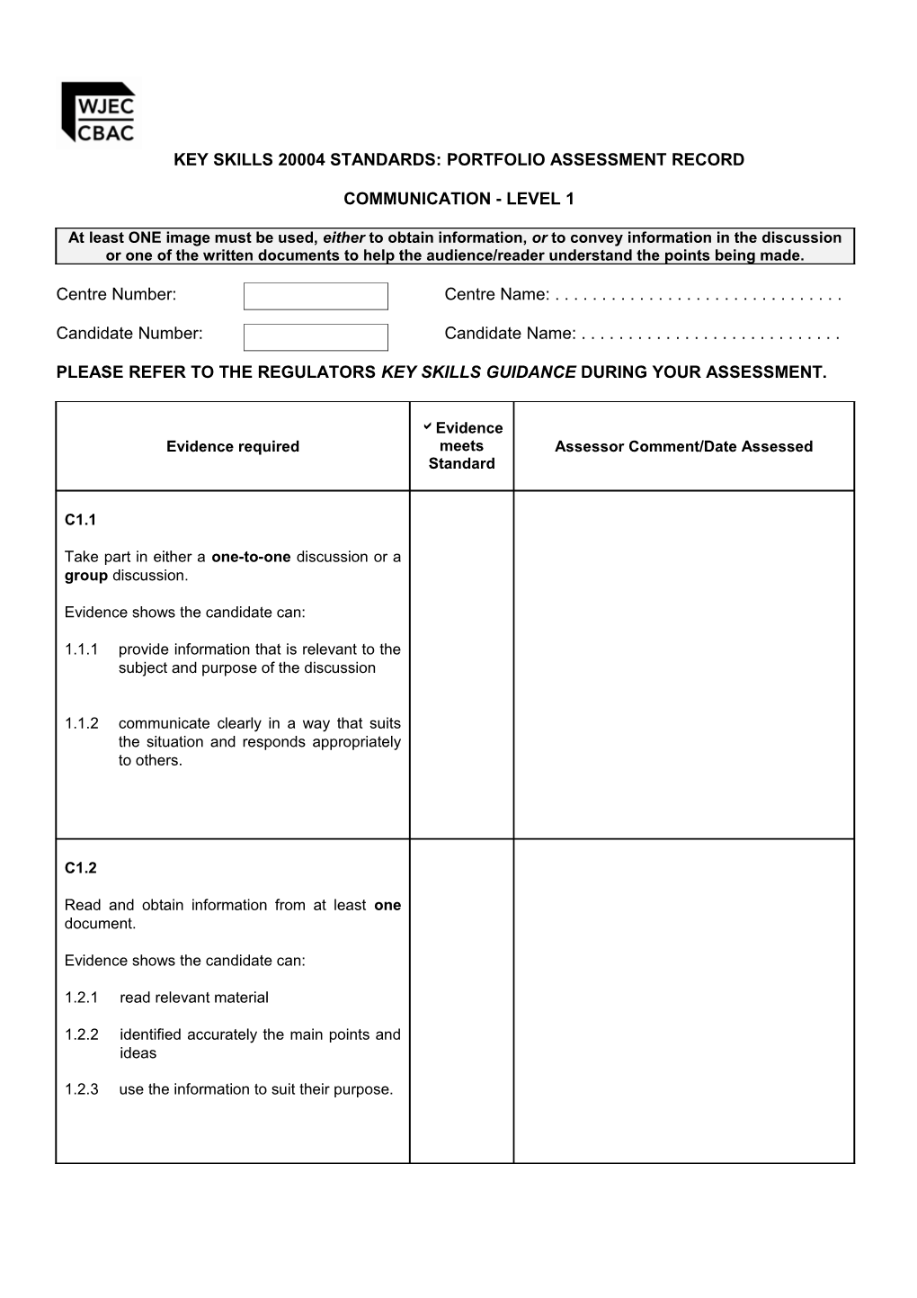 Key Skills 20004 Standards: Portfolio Assessment Record