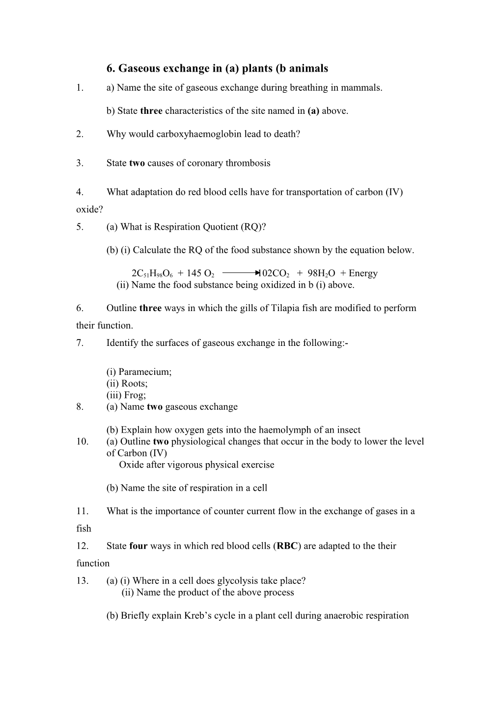 6. Gaseous Exchange in (A) Plants (B Animals