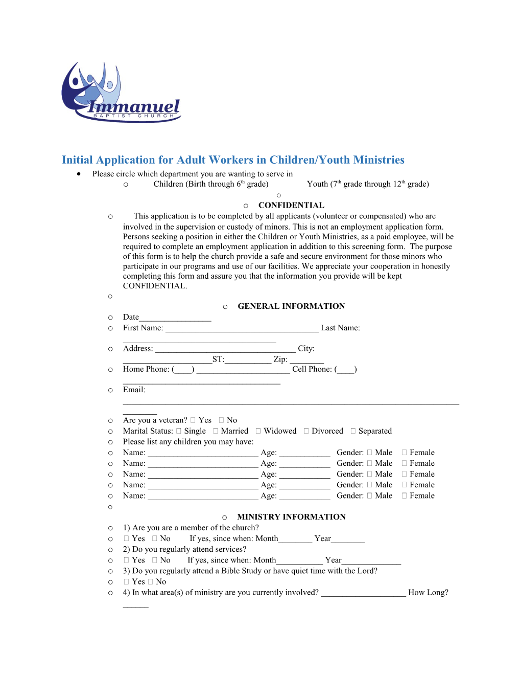 Initialapplication for Adult Workers in Children/Youth Ministries