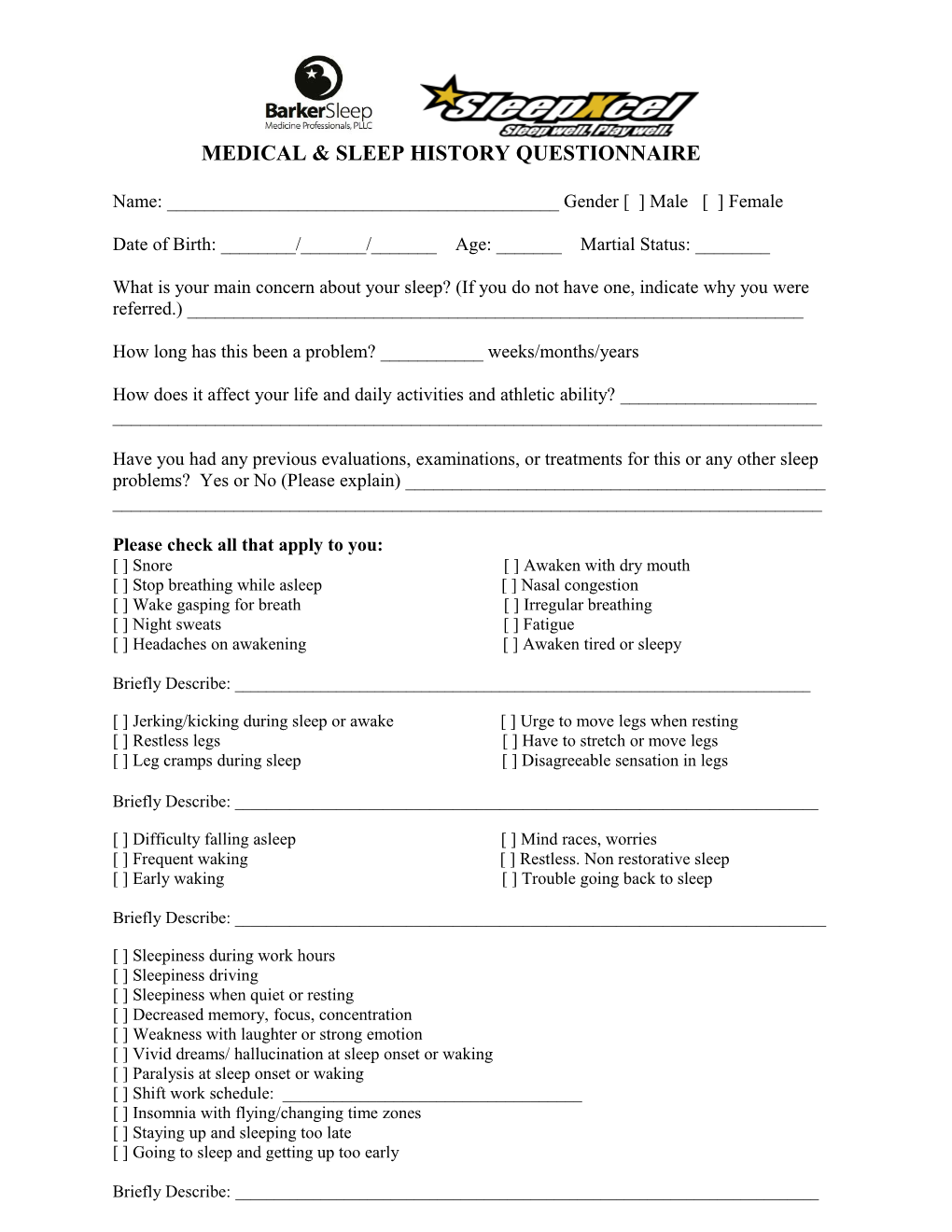 Medical & Sleep History Questionnaire