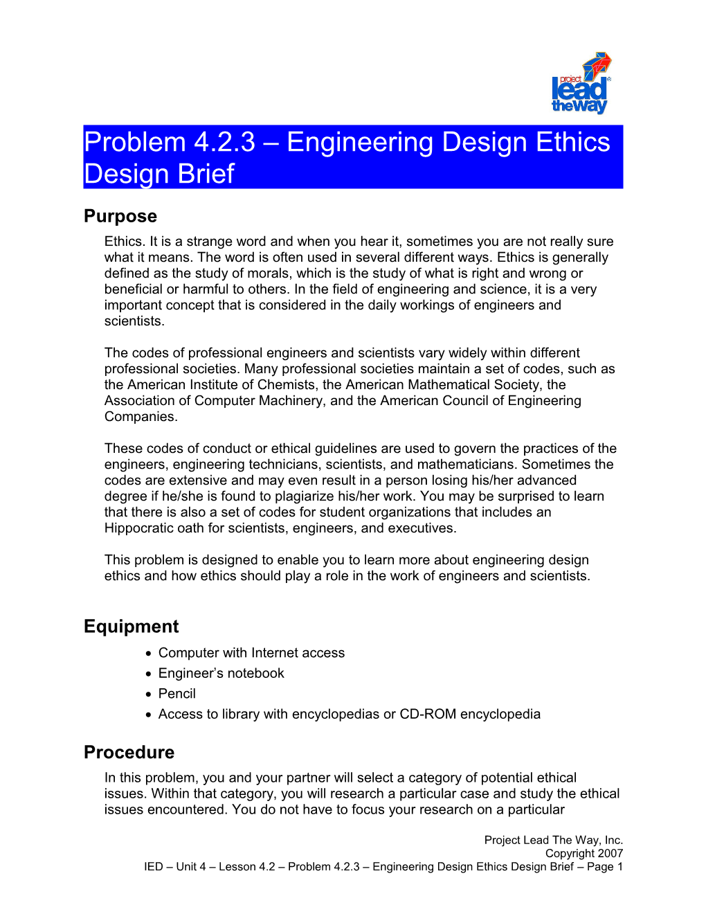 Problem 4.2.3 Engineering Design Ethics Design Brief