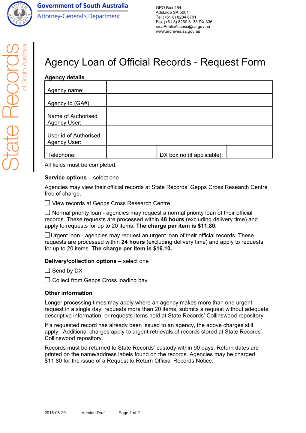 20160629 Agency Loan of Official Records - Request Form Draft V02