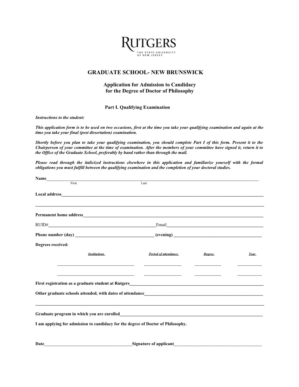 Application for Admission to Candidacy