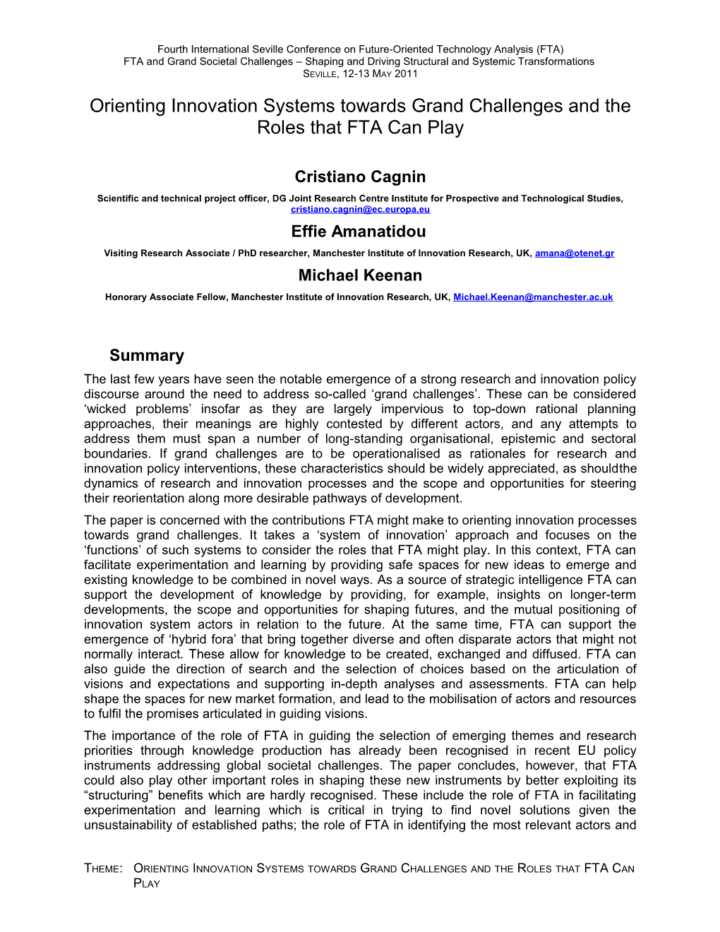 Orienting Innovation Systems Towards Grand Challenges and the Roles That FTA Can Play