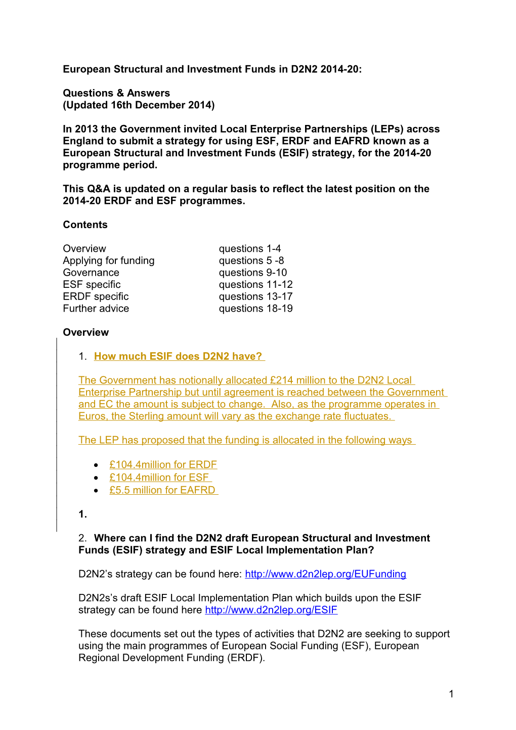 European Structural and Investment Funds in D2N2 2014-20