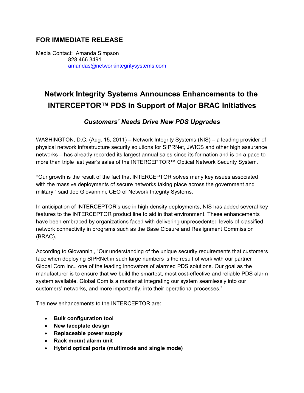 Network Integrity Systems Announces Enhancements to The