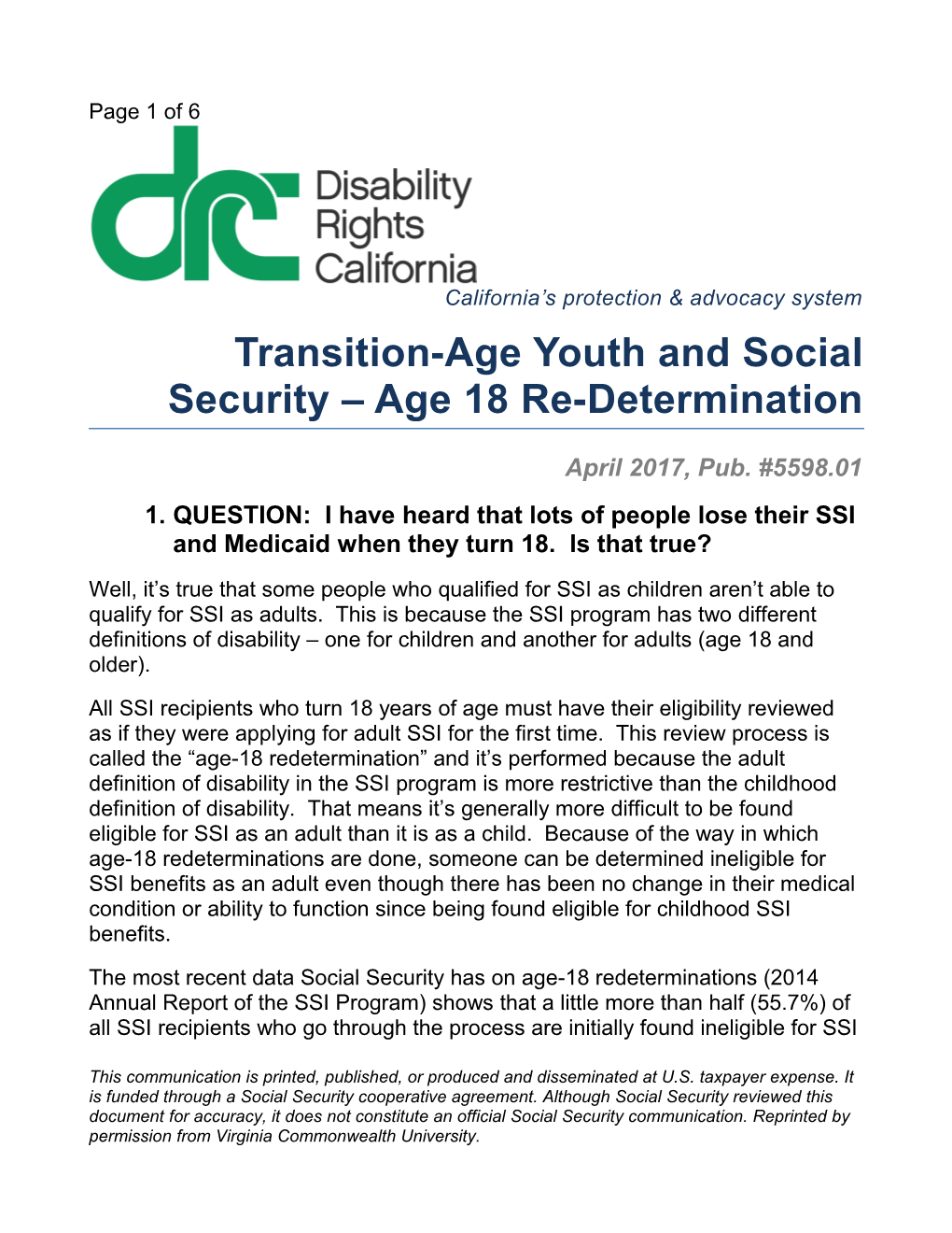 Transition-Age Youth and Social Security Age 18 Re-Determination