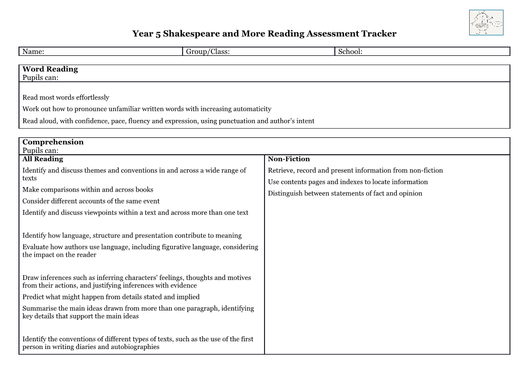 Year 5 Shakespeare and More Reading Assessment Tracker