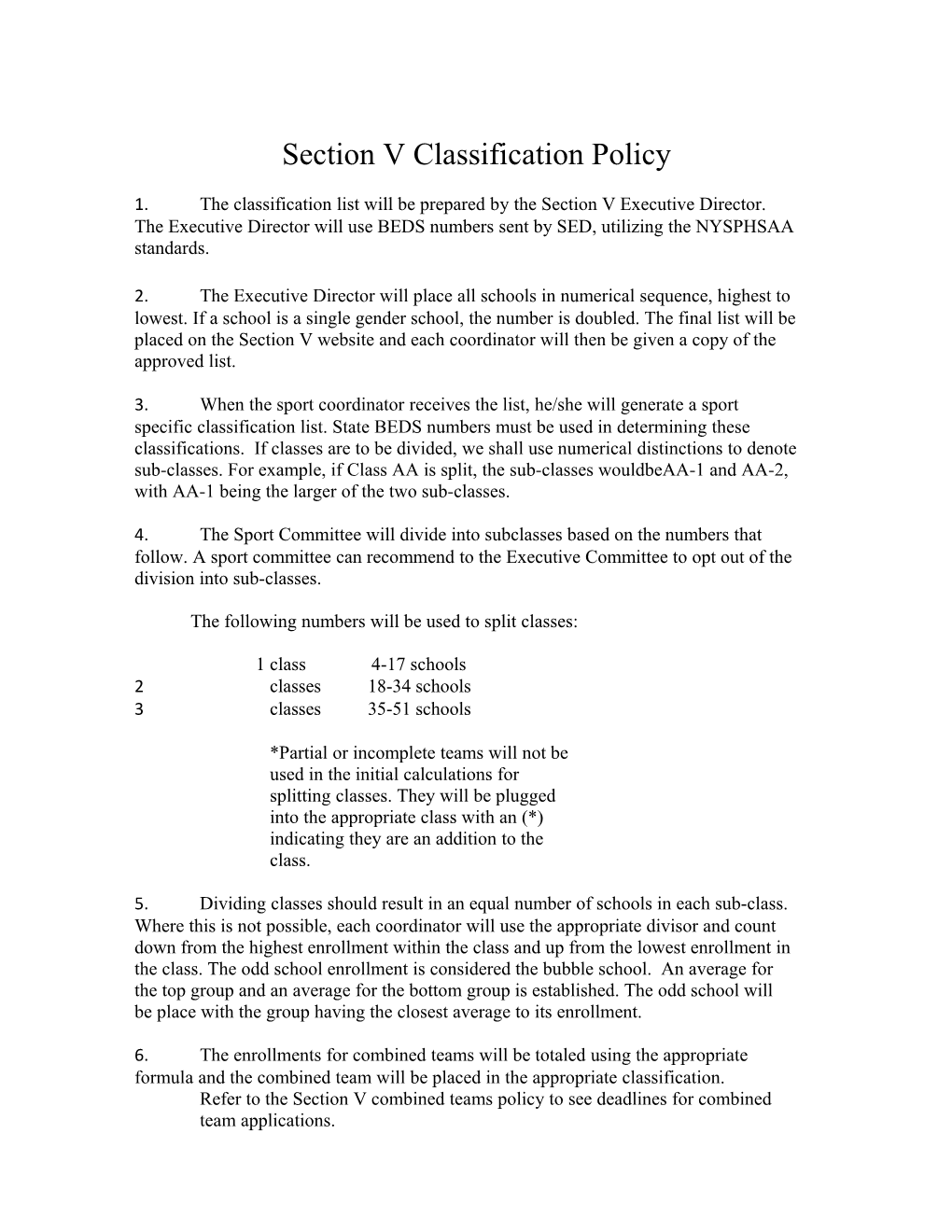Section V Classification Policy
