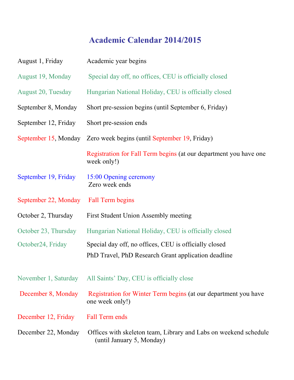 Academic Calendar 2014/2015