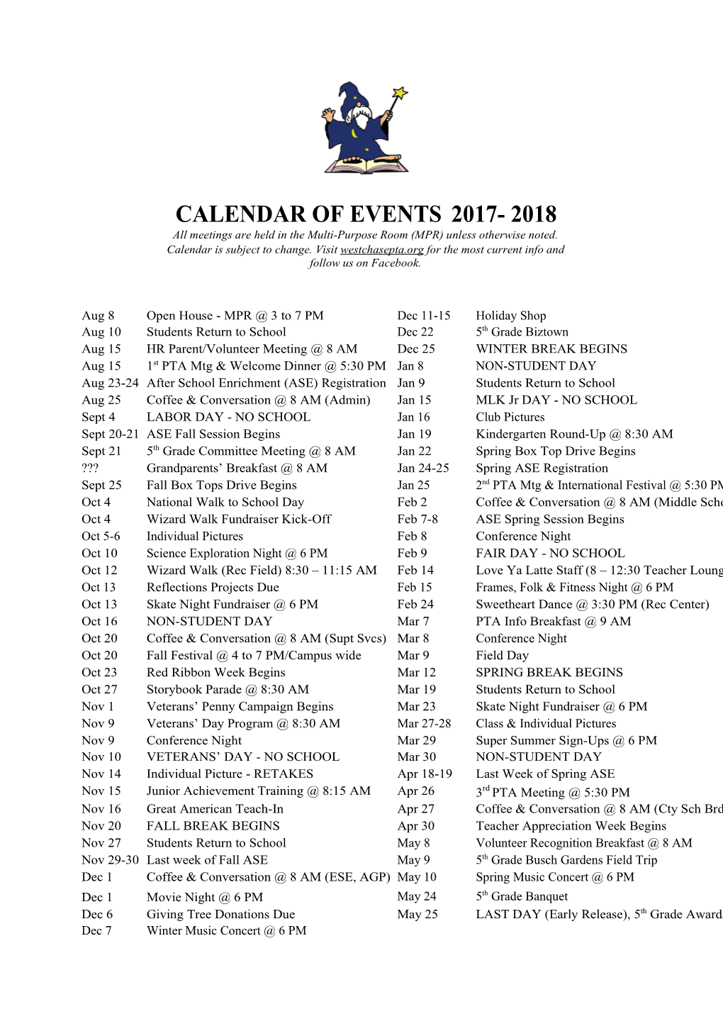 Calendar of Events 2017- 2018