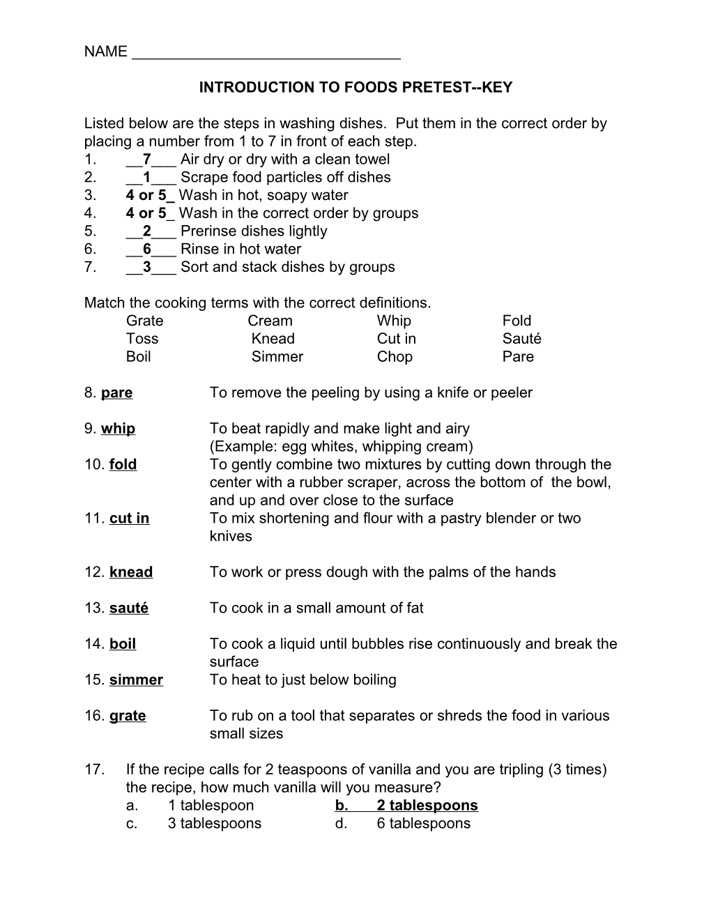 Introduction to Foods Pretest Key