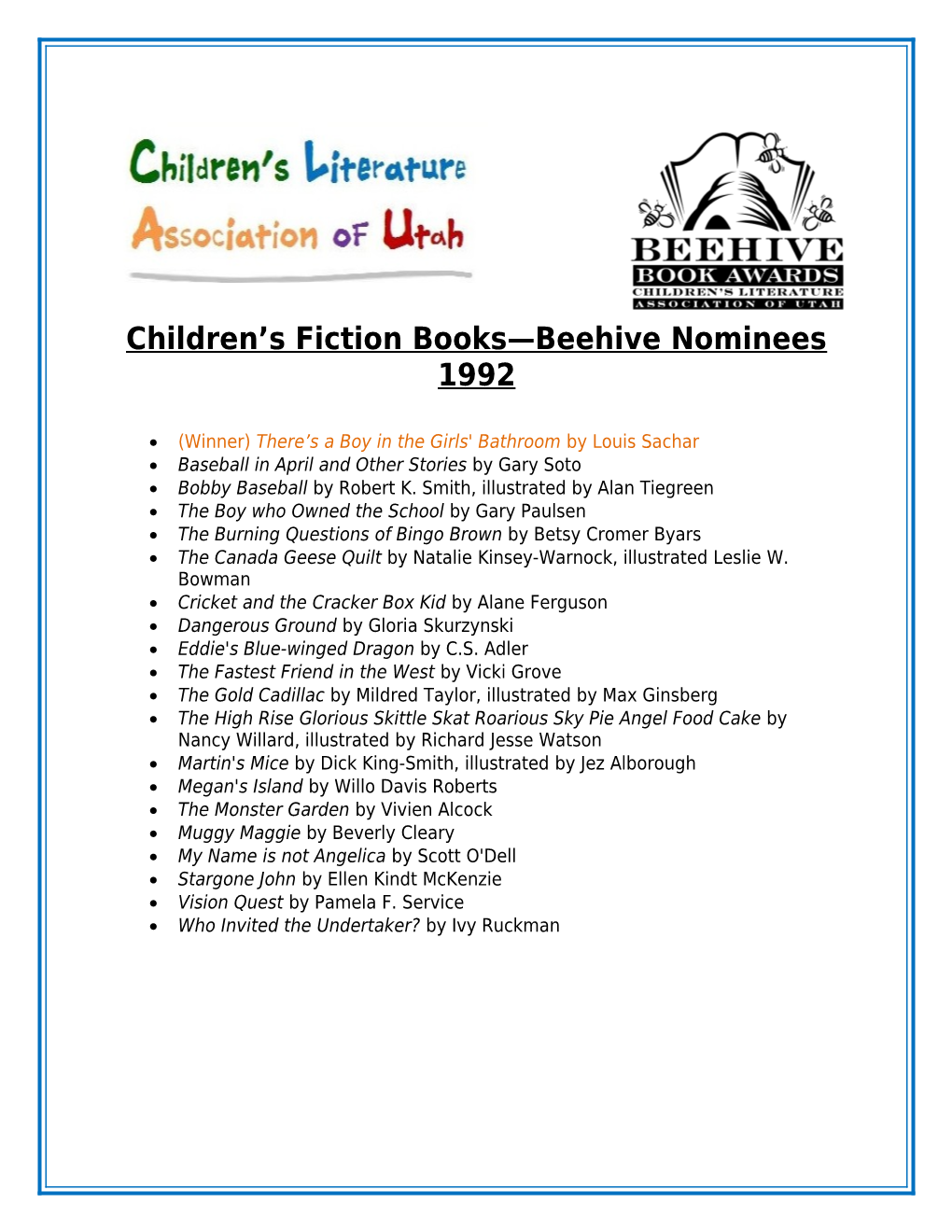 Children S Fiction Books Beehive Nominees 1992