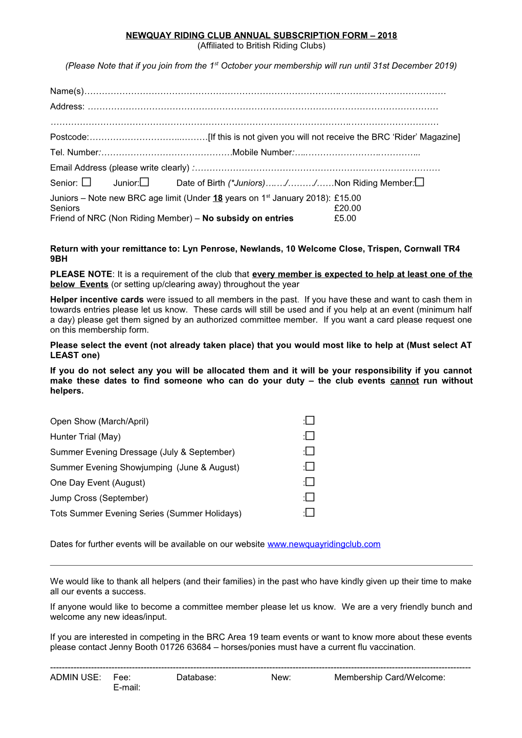 Newquay Riding Club Annual Subscription Form 2007