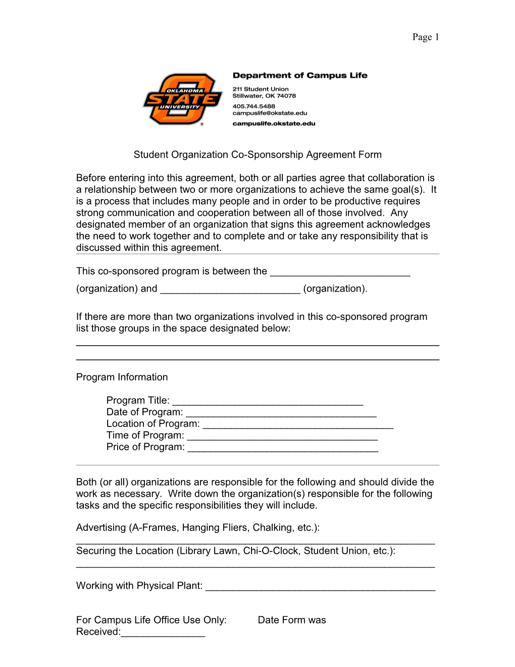 Student Organization Co-Sponsorship Agreement Form