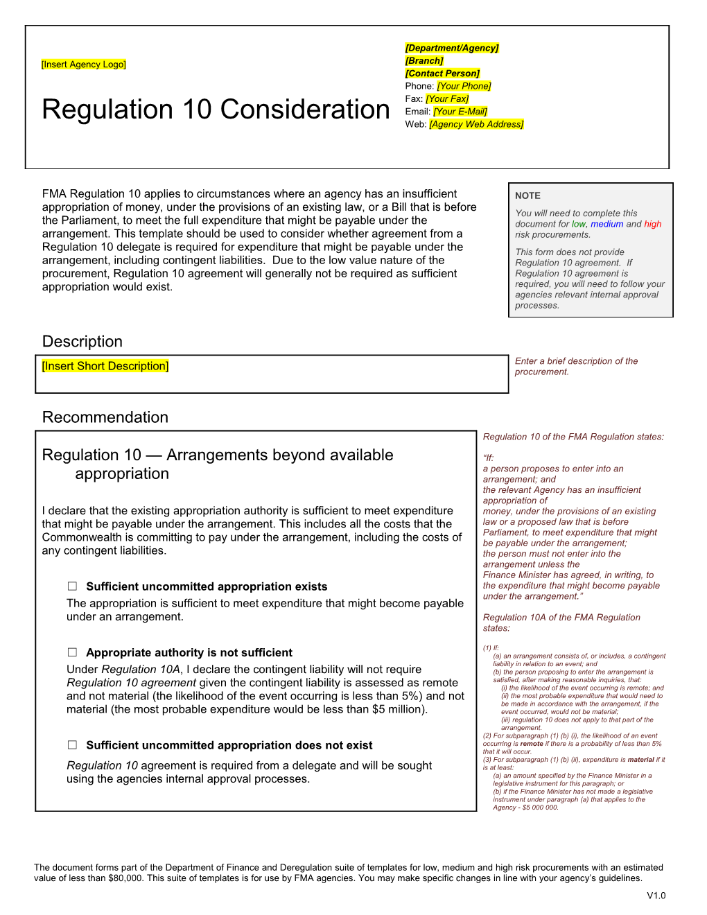 Regulation 10 Arrangements Beyond Available Appropriation