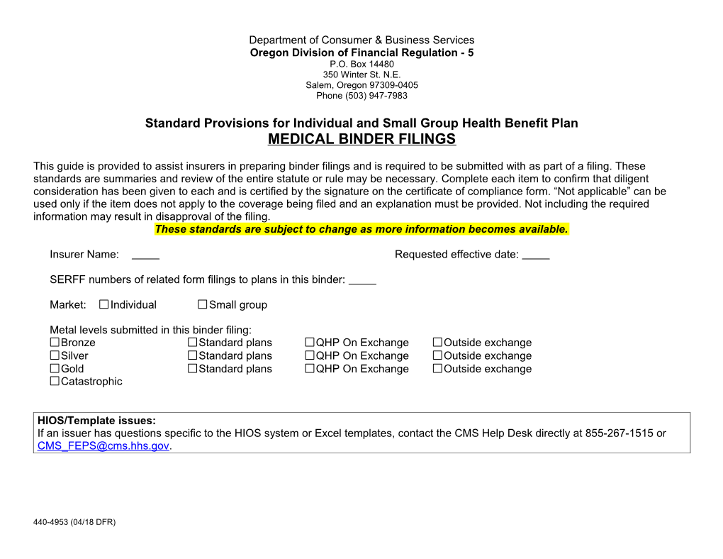 Form 4953, Standard Provisions for Individual and Small Group Health Benefit Plans For