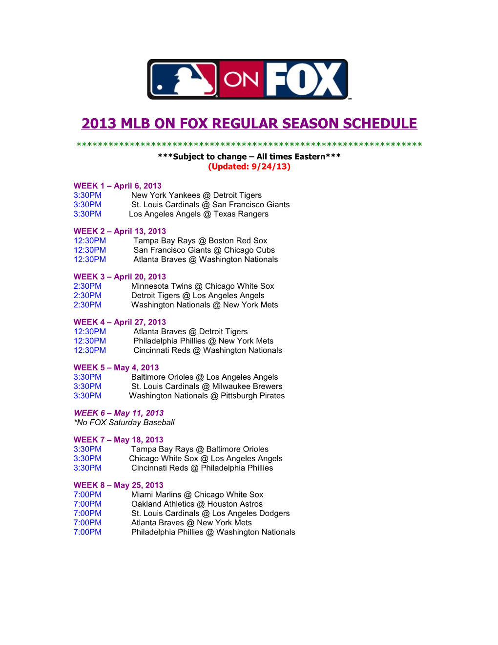 2013Mlb on Fox Regular Season Schedule