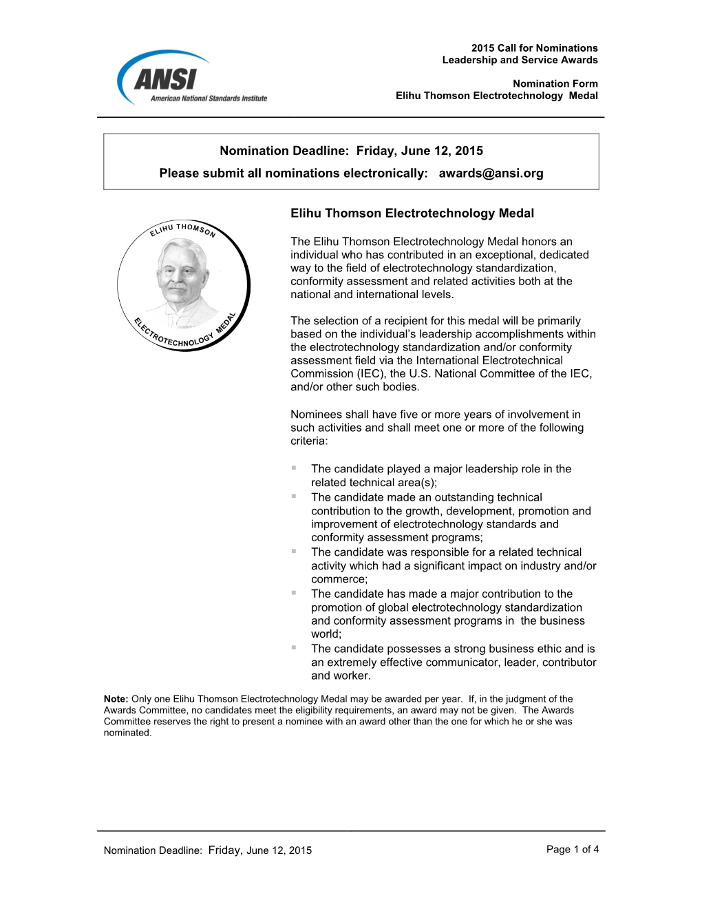 Elihu Thomson Electrotechnology Medal - 2015 Nomination Form