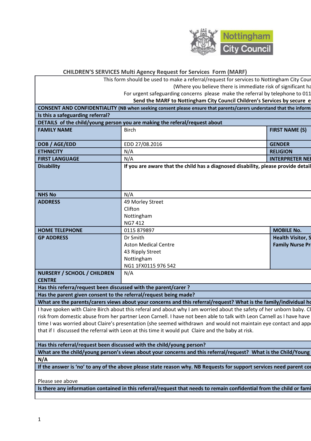 CHILDREN S SERVICES Multi Agency Request for Services Form (MARF)