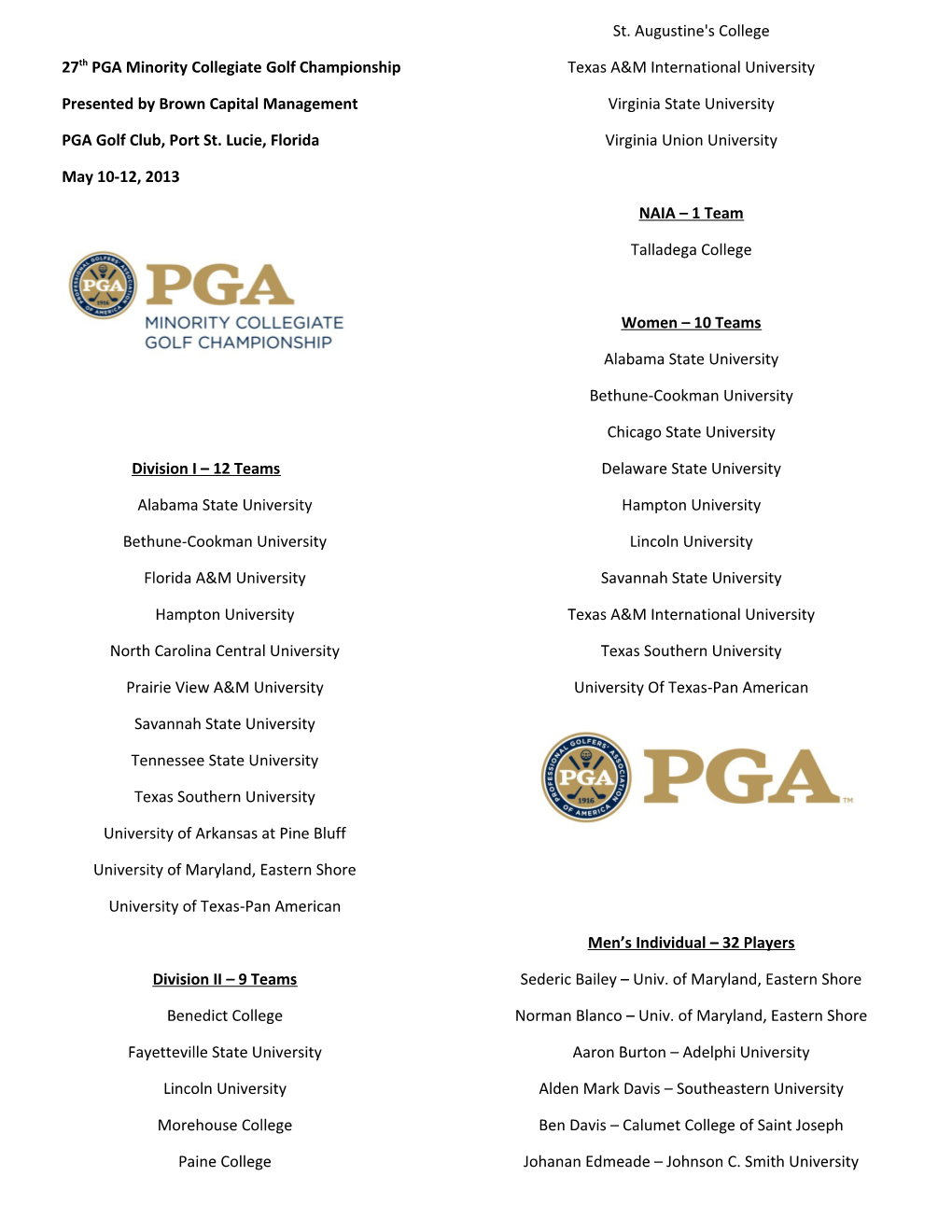 27Th PGA Minority Collegiate Golf Championship
