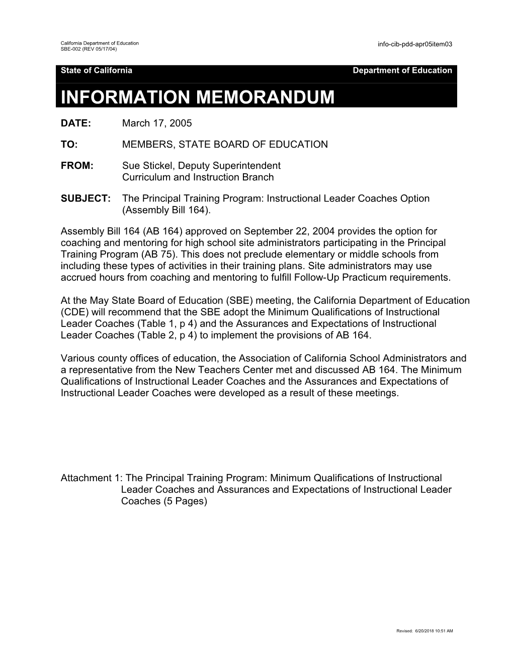 PDD Item 03 April 2005 - Information Memorandum (CA State Board of Education)