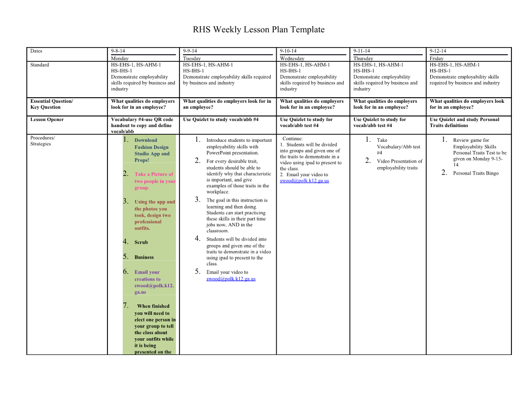 RHS Weekly Lesson Plan Template