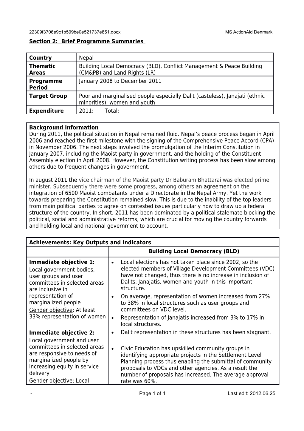 Brief Programme Summary, Nepal MS Actionaid Denmark