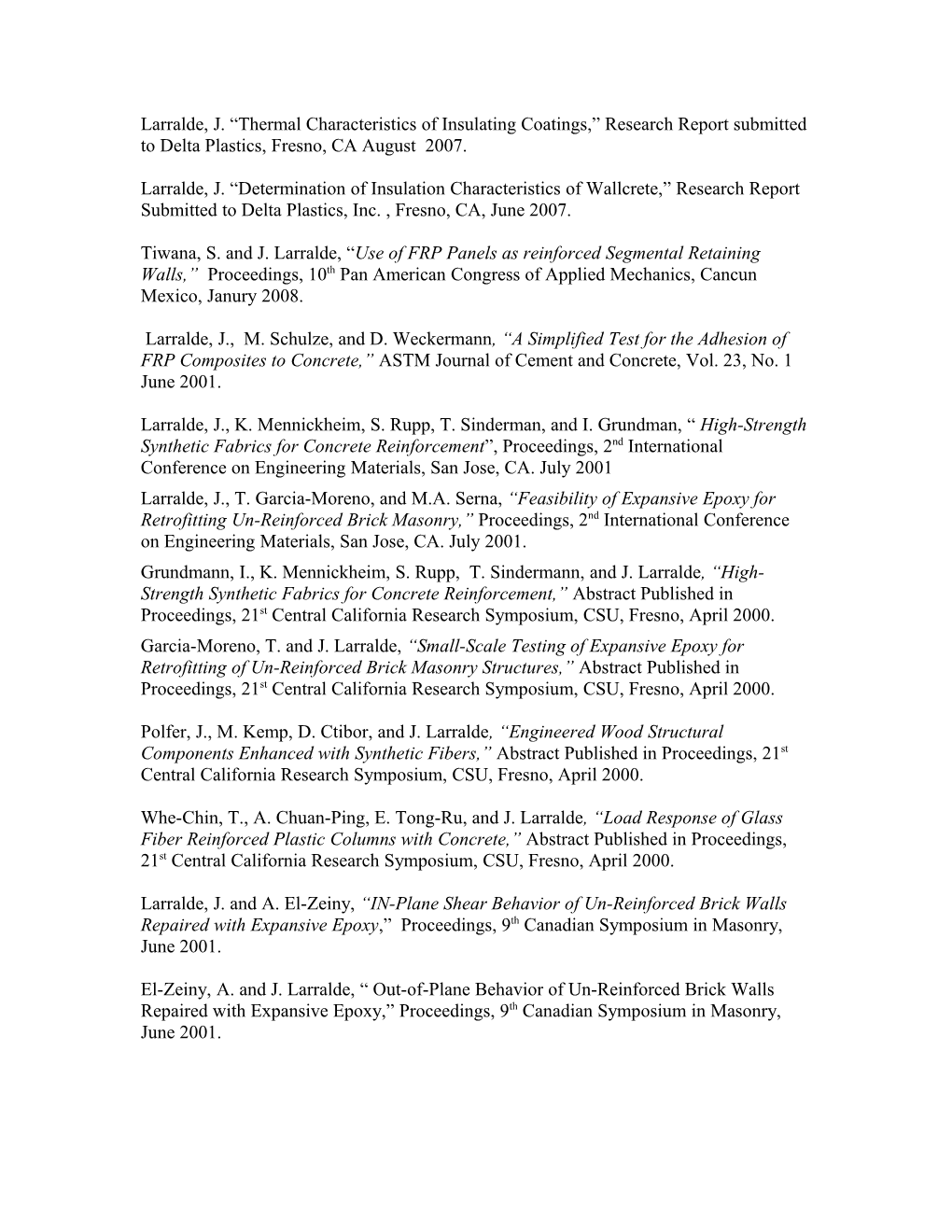 Larralde, J. Thermal Characteristics of Insulating Coatings, Research Report Submitted