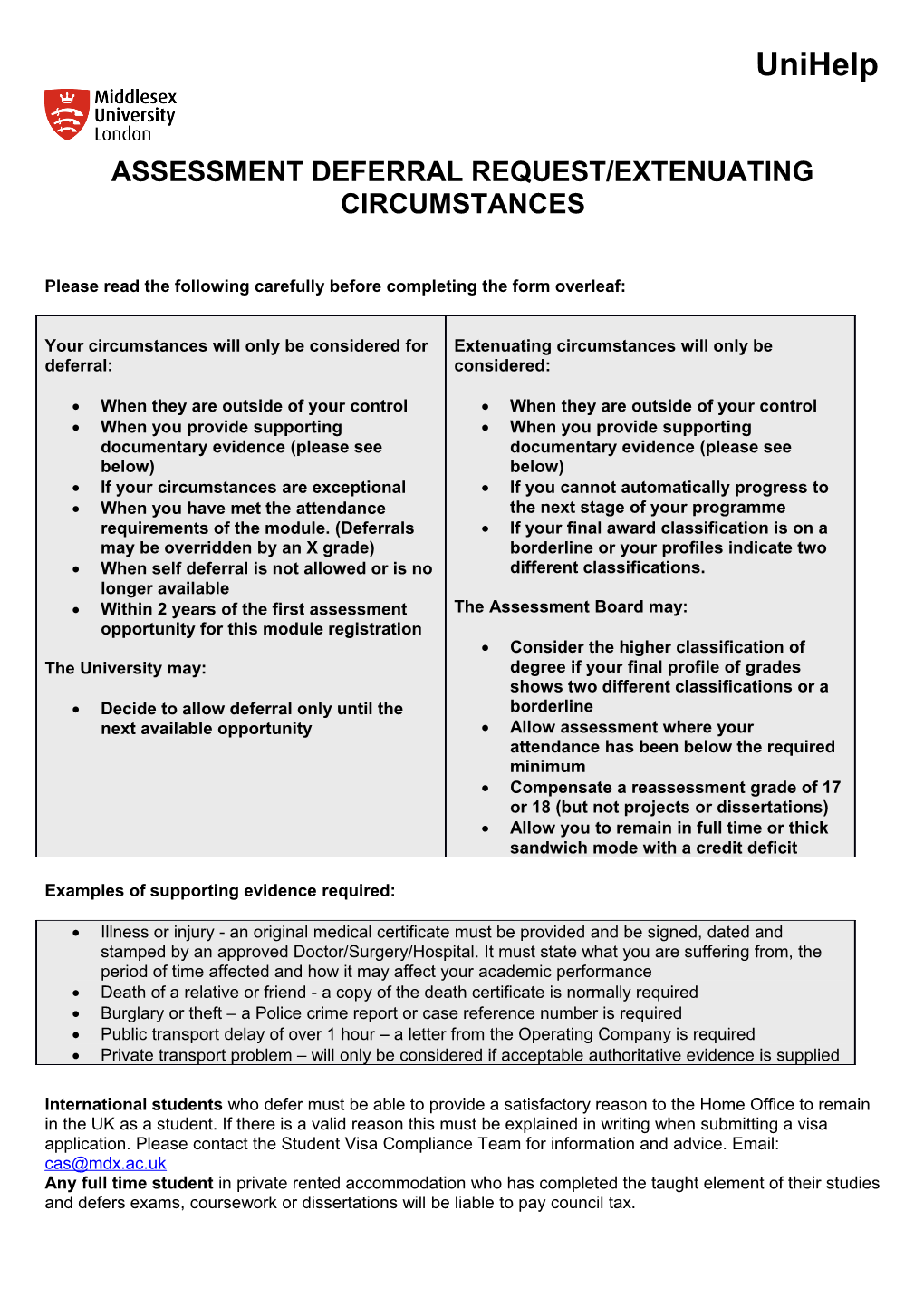 Assessment Deferral Request/Extenuating Circumstances