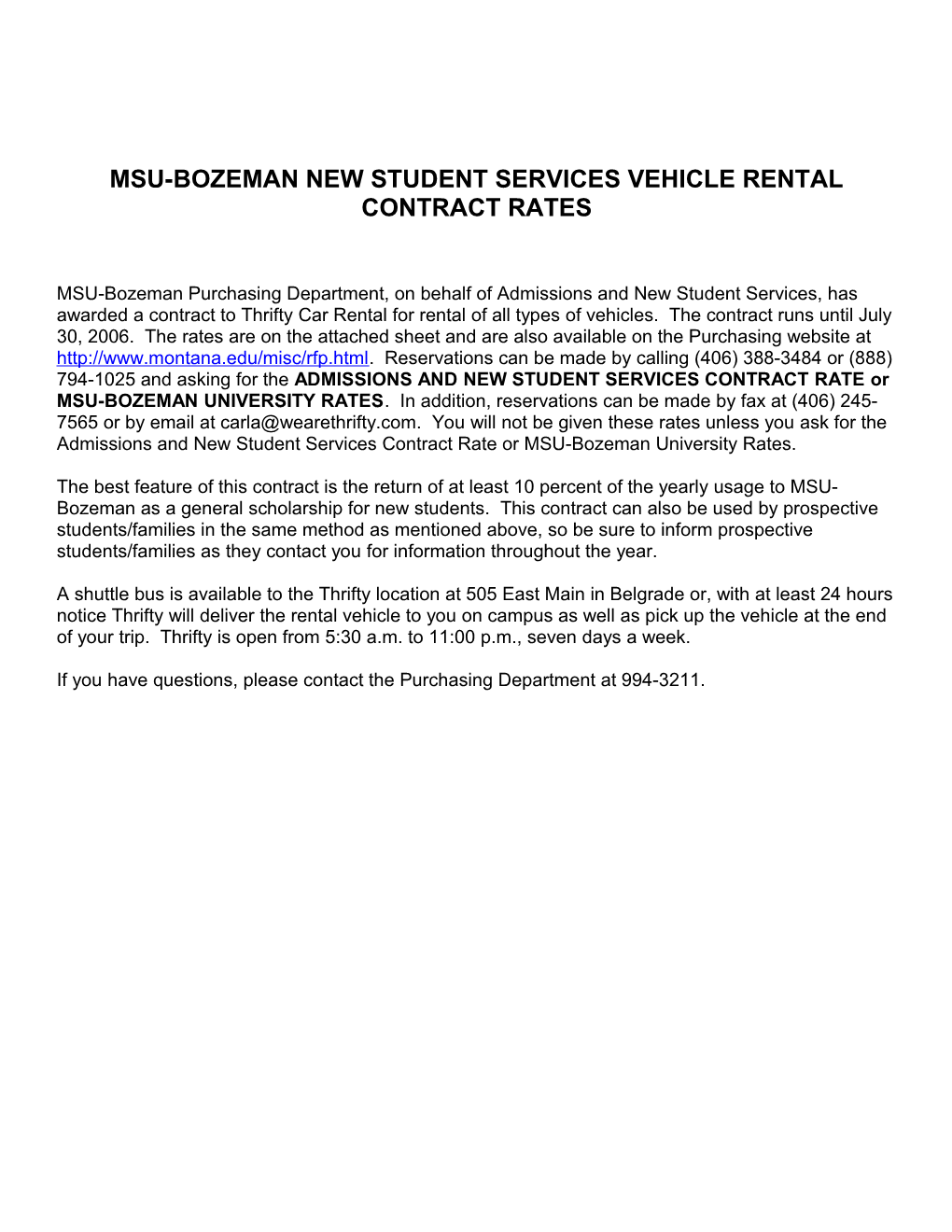 Msu-Bozeman New Student Services Vehicle Rental Contract Rates