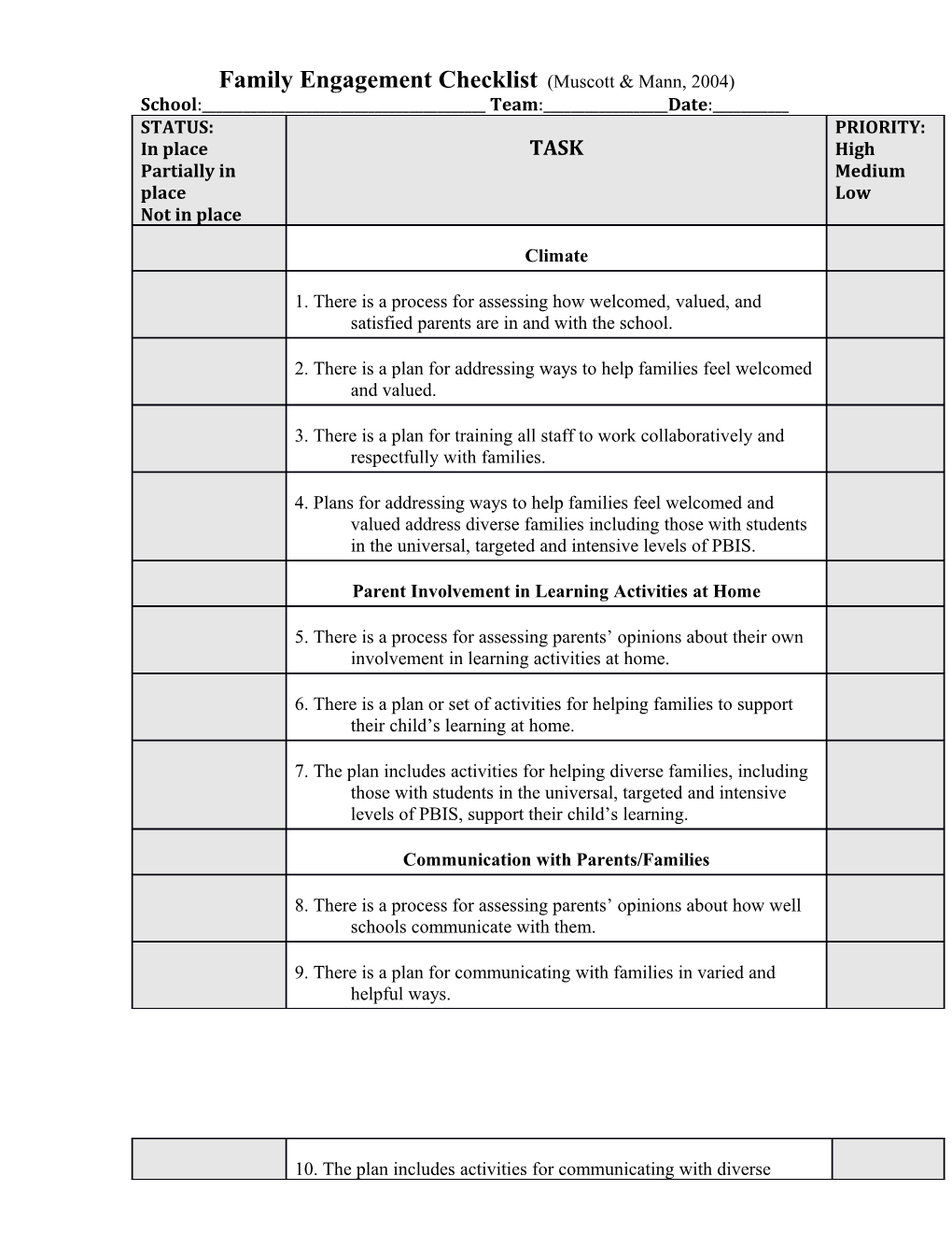 Family Engagement Checklist (Muscott & Mann, 2004)