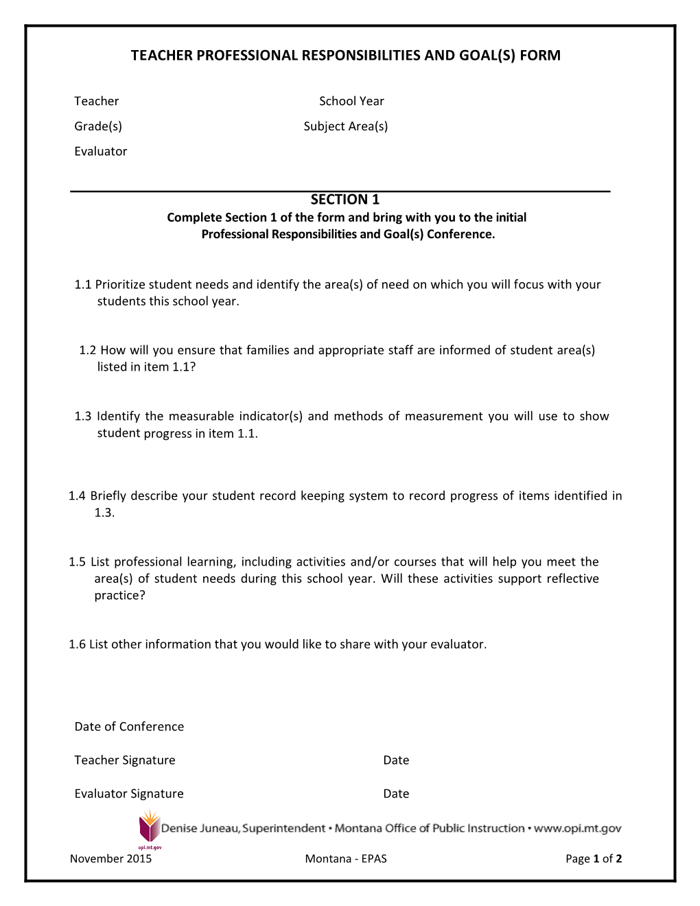 Teacherprofessionalresponsibilitiesand Goal(S) Form