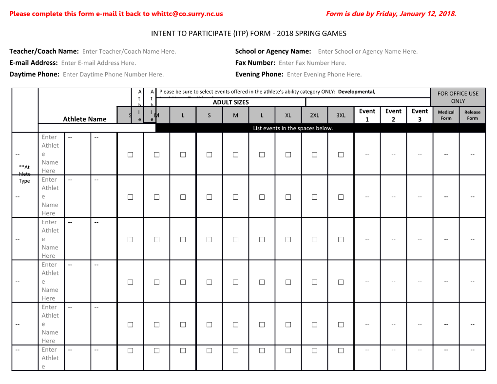 Please Complete This Form E-Mail It Back to Rm Is Due by Friday, January 12, 2018