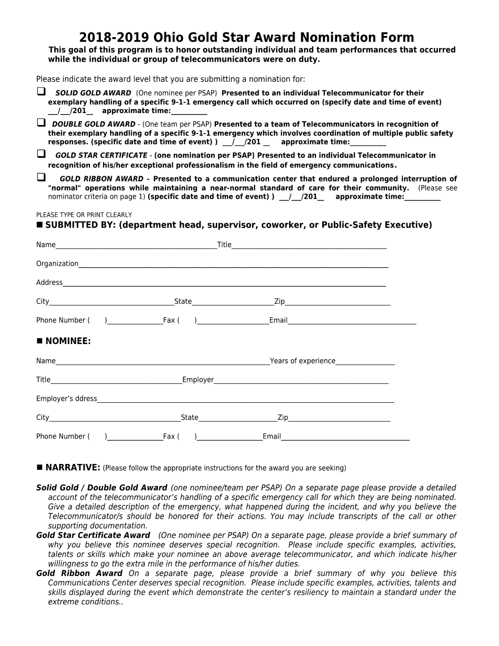 2018-2019 Ohio Gold Star Award Nomination Form