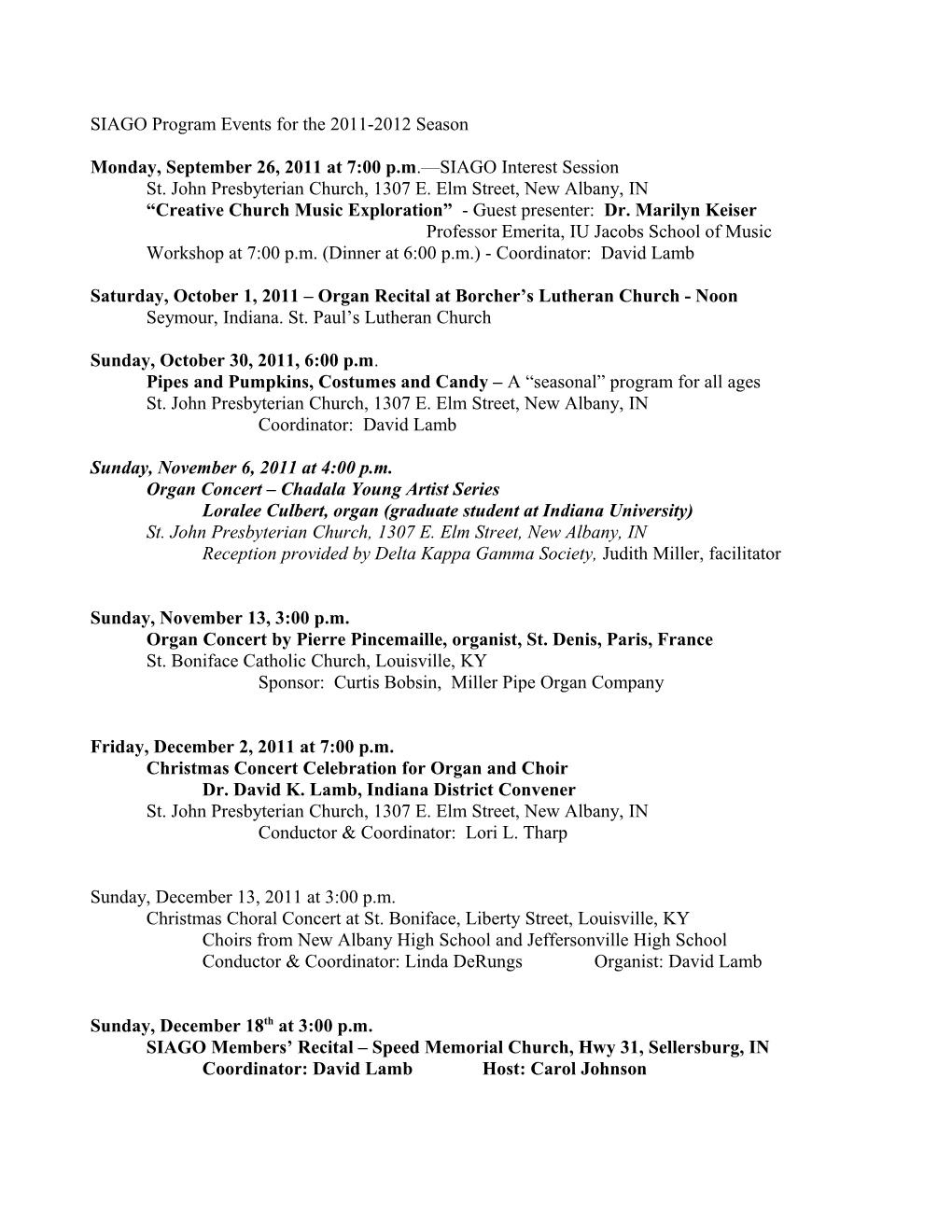 Program Events for the 2011-2012 Season