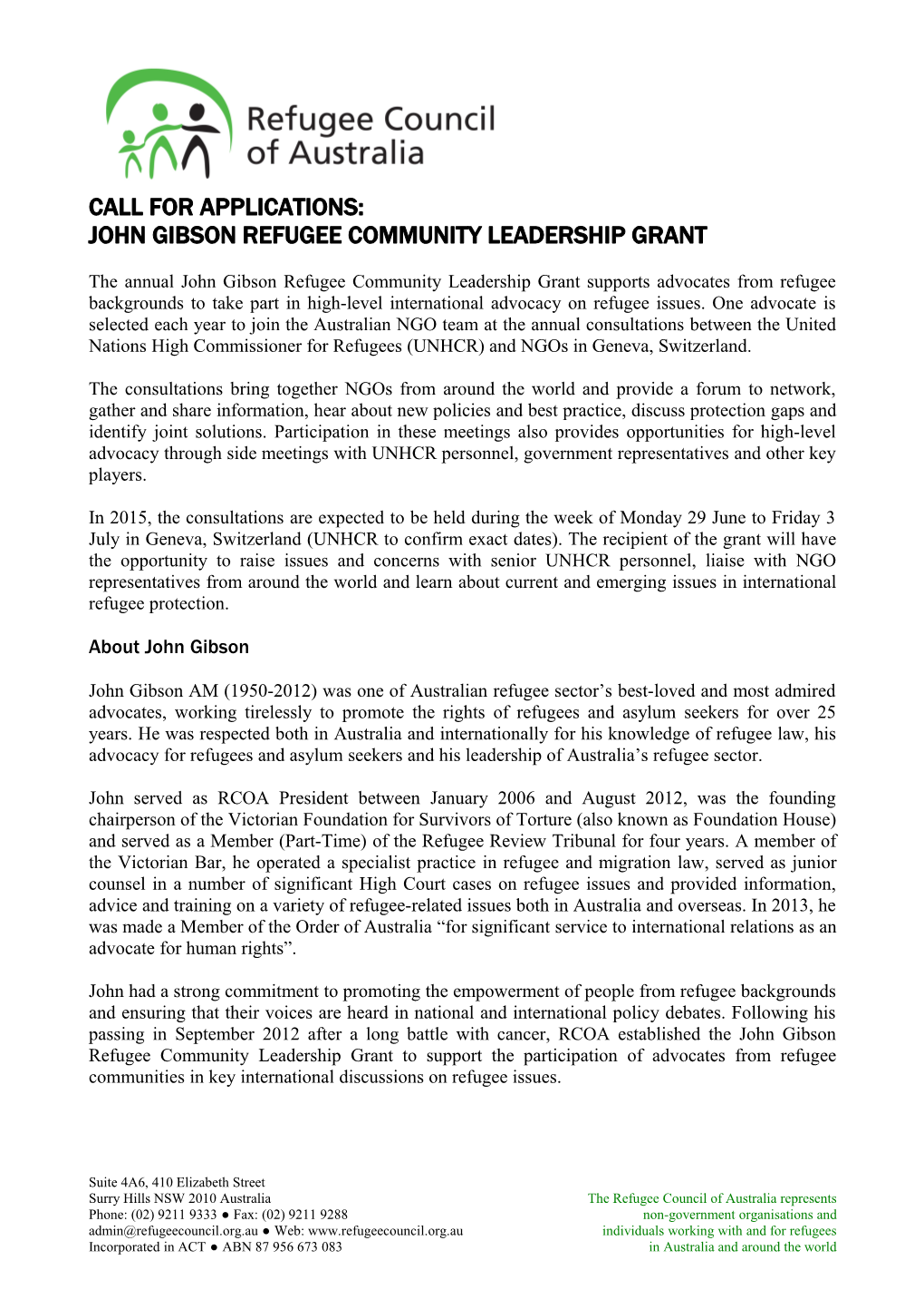Call for Applications: John Gibson Refugee Community Leadership Grant