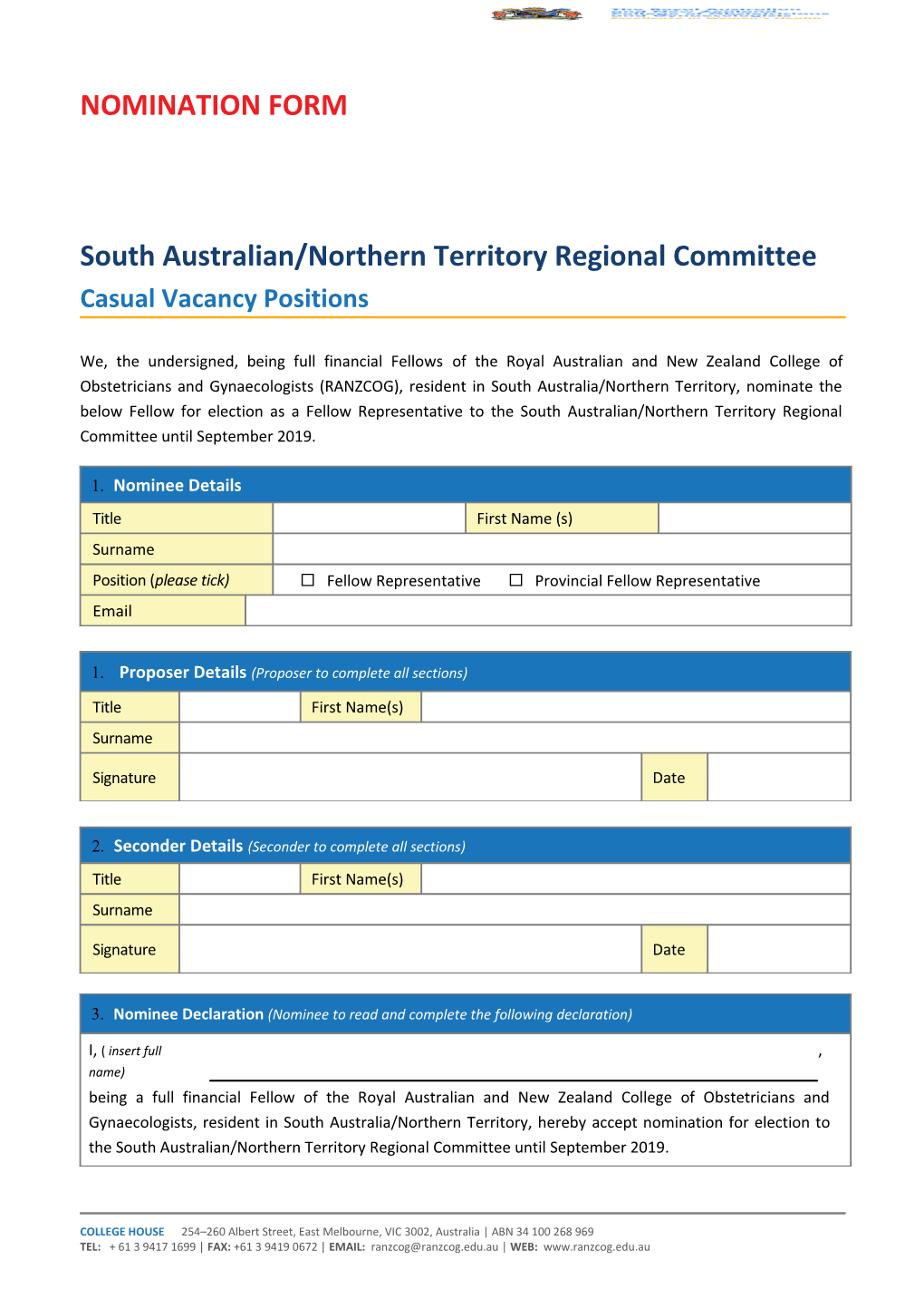 South Australian/Northern Territoryregional Committee Casual Vacancy Positions