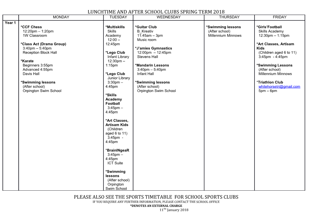 Lunchtime and After School Clubs Spring Term 2018