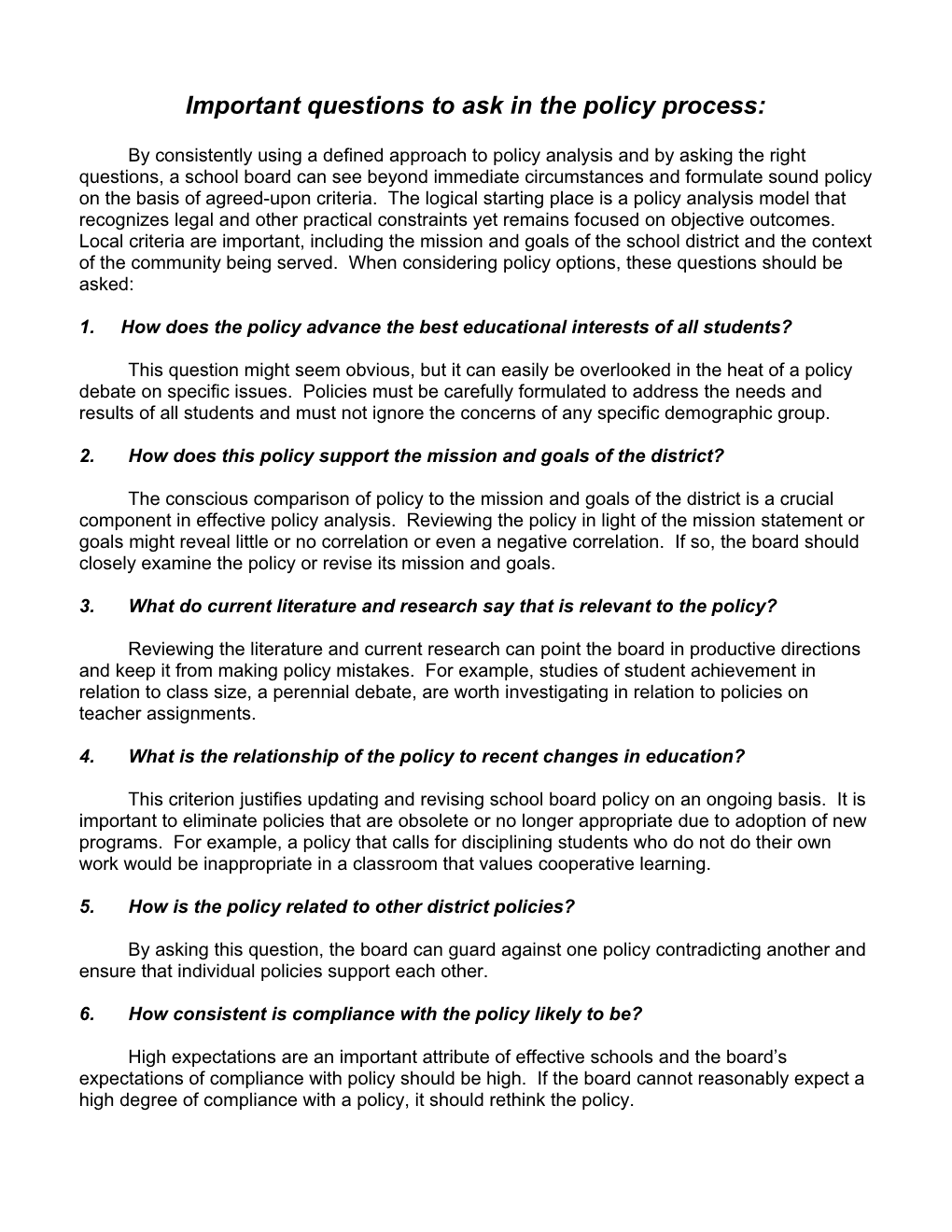 Important Questions to Ask in the Policy Process