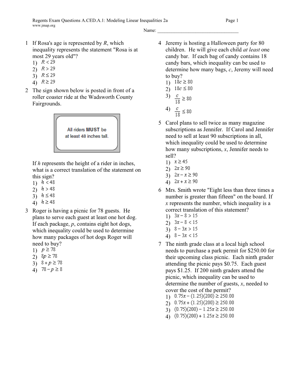 Regents Exam Questions A.CED.A.1: Modeling Linear Inequalities 2A Page 3