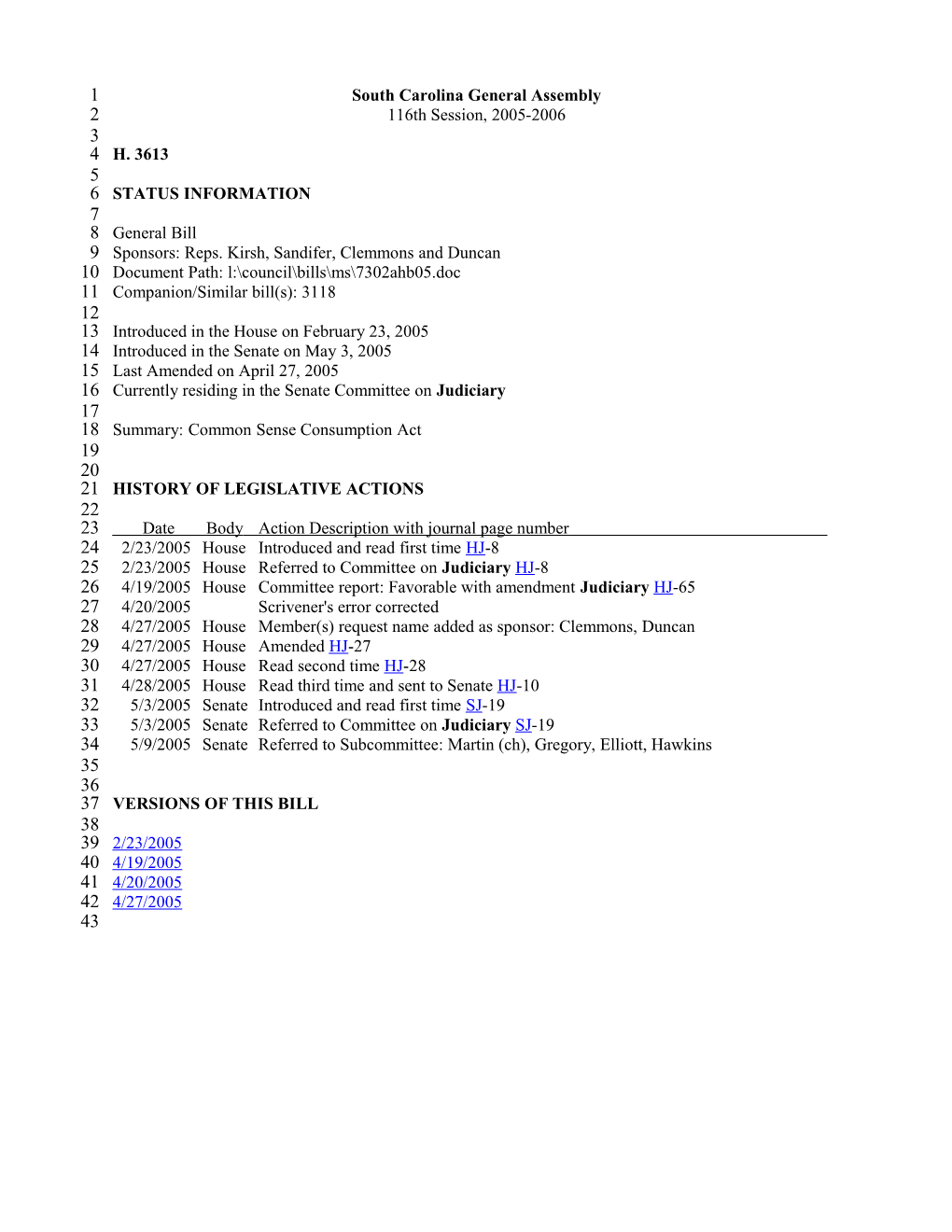 2005-2006 Bill 3613: Common Sense Consumption Act - South Carolina Legislature Online