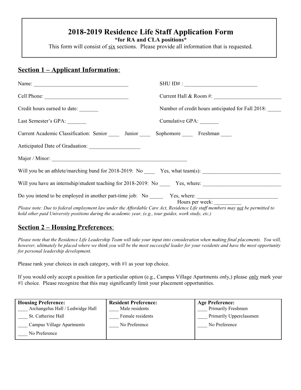 2018-2019 Residence Life Staff Application Form