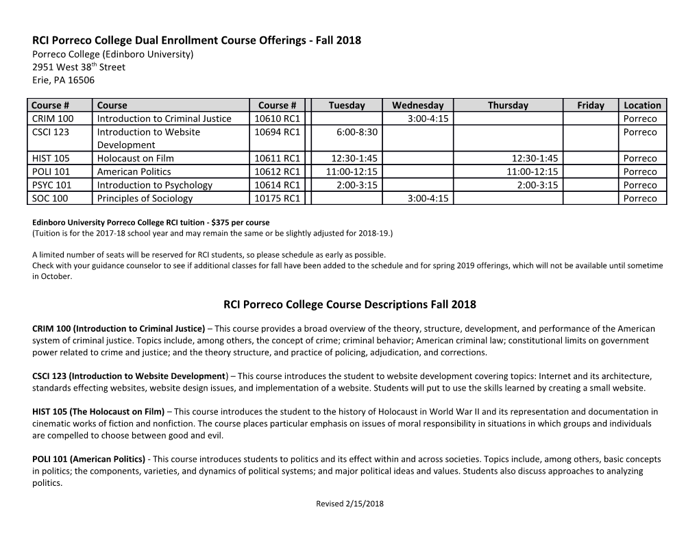 RCI Porreco College Dual Enrollment Course Offerings - Fall 2018