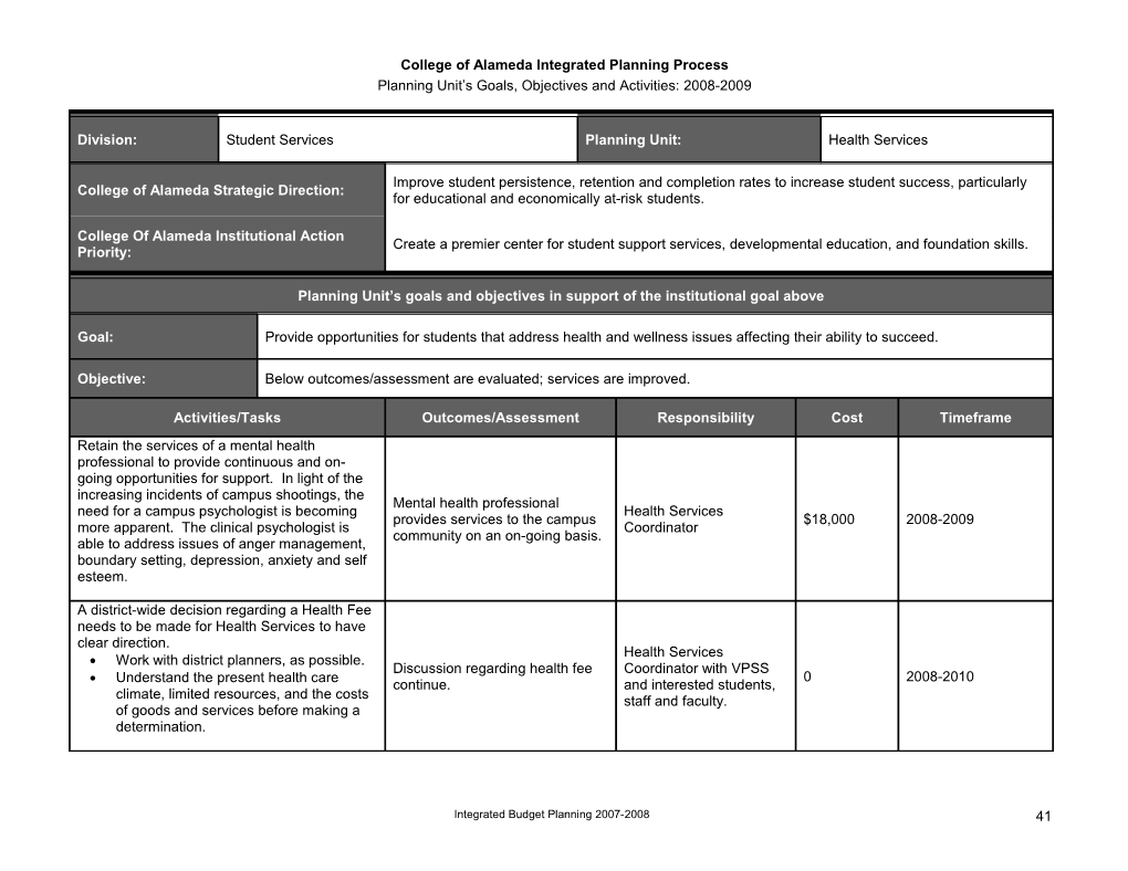 College of Alameda Integrated Planning Process