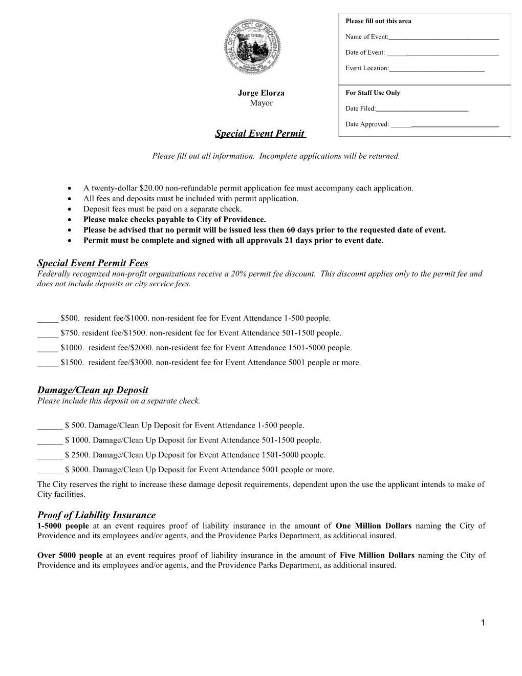 Special Event Park Permit Application